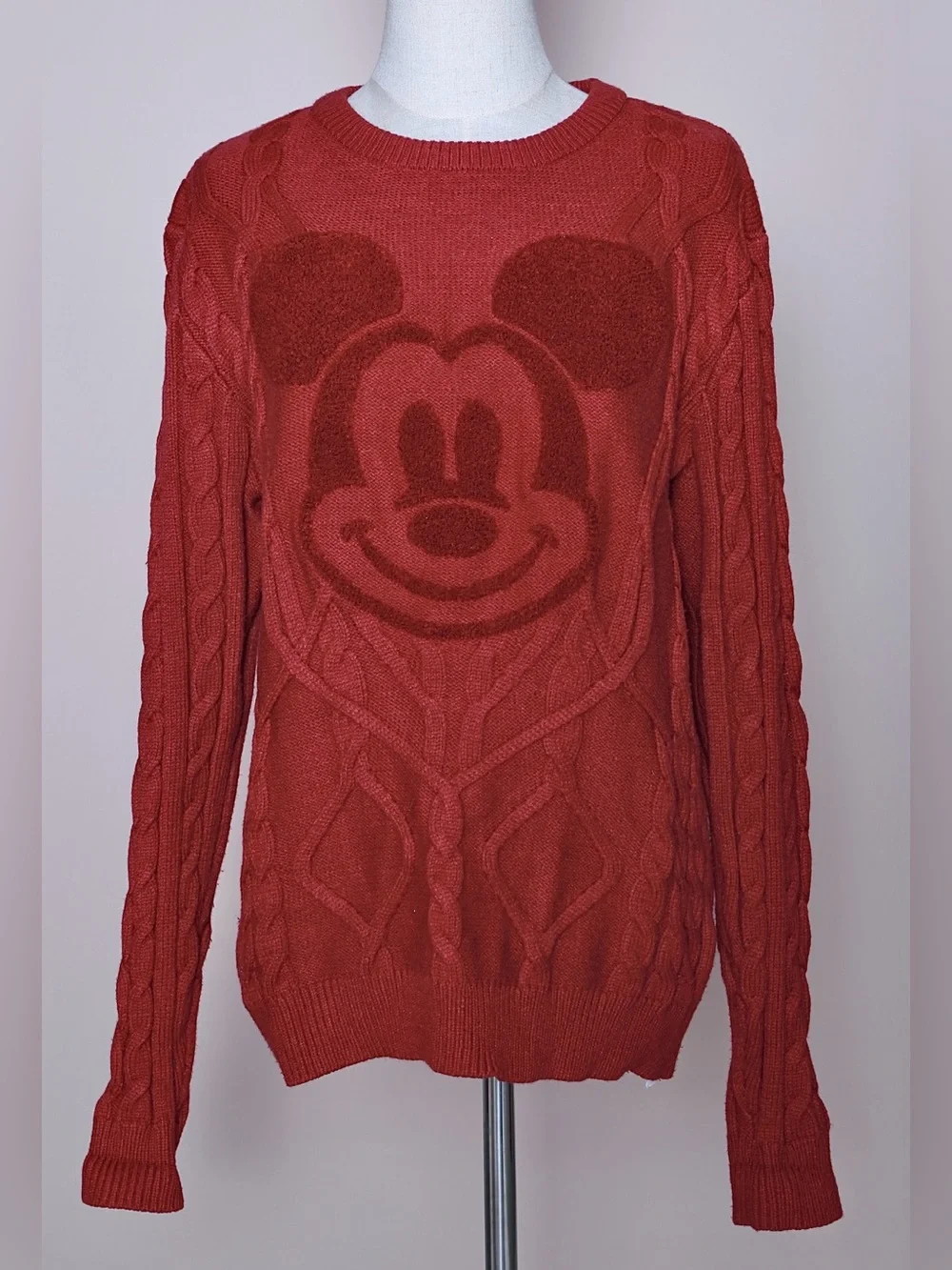 Disney Mickey Mouse Cable Knit Sweater Rust Red Chenille Graphic Pullover M